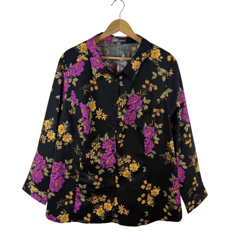 Jessica London Dark Floral Button Down Blouse Size 28W‎ Comfy Office Stretch